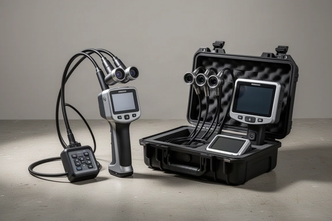 Two standalone inspection camera systems side by side on a workshop surface