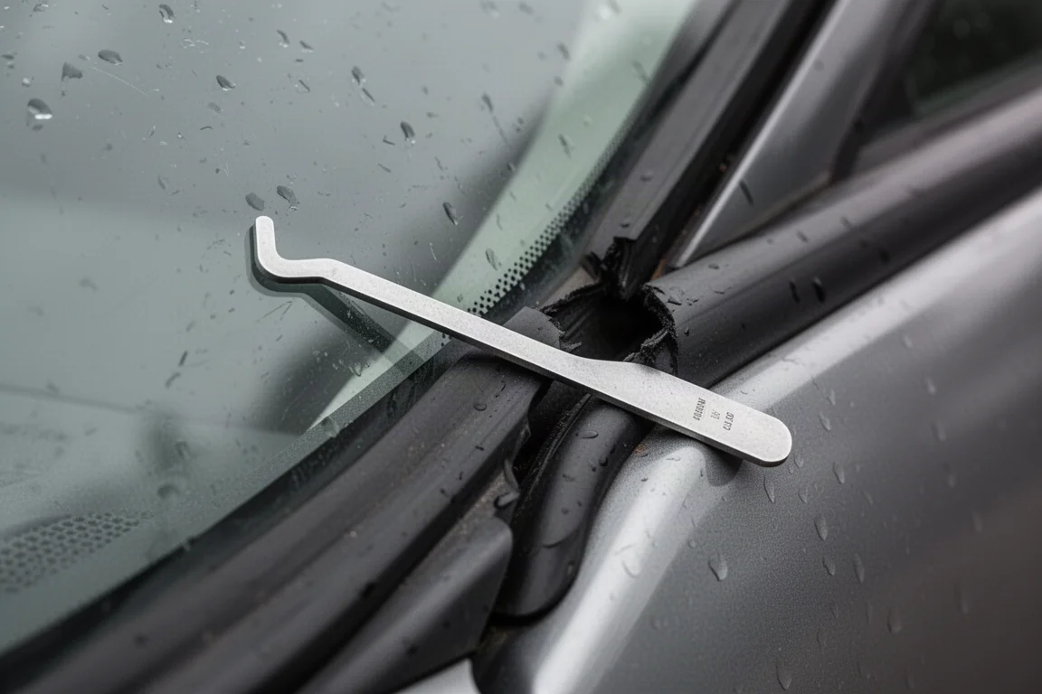 Strumento slim jim incastrato nello spazio della finestrina di un'auto