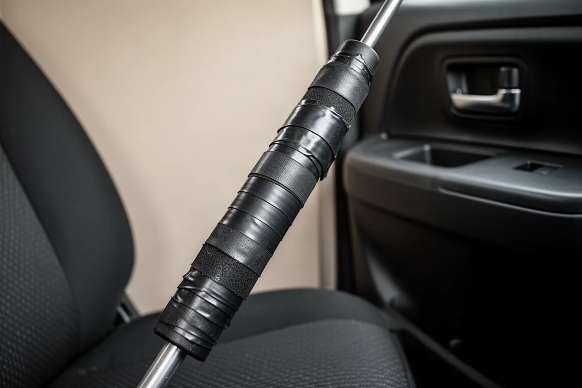 Estremità dell'impugnatura di uno slim jim avvolta con nastro adesivo su un sedile dell'auto