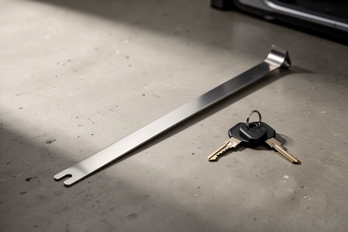 Thin stainless steel slim jim lockout tool on a concrete workshop surface