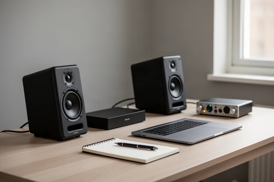 Monitor da studio compatti neri su una scrivania di home studio accanto a un laptop e a un'interfaccia audio