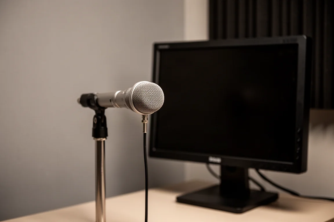 Microfono di misurazione su un piccolo supporto posizionato davanti a un monitor da studio compatto