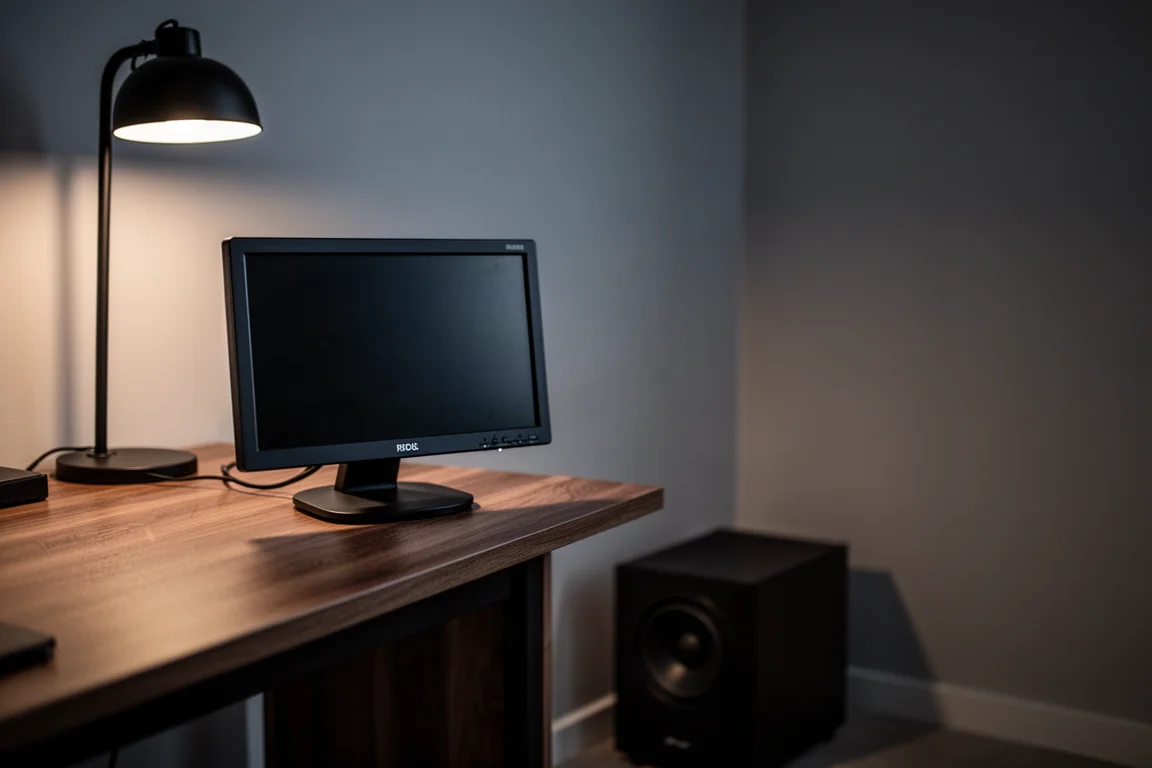 Monitor da studio compatto su una scrivania con un piccolo subwoofer contro la parete dietro di esso