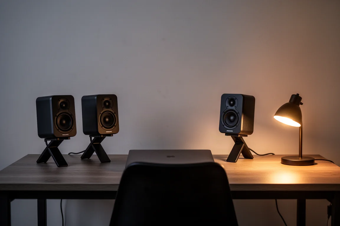 Setup di ascolto da scrivania al crepuscolo con due monitor compatti su supporti inclinati
