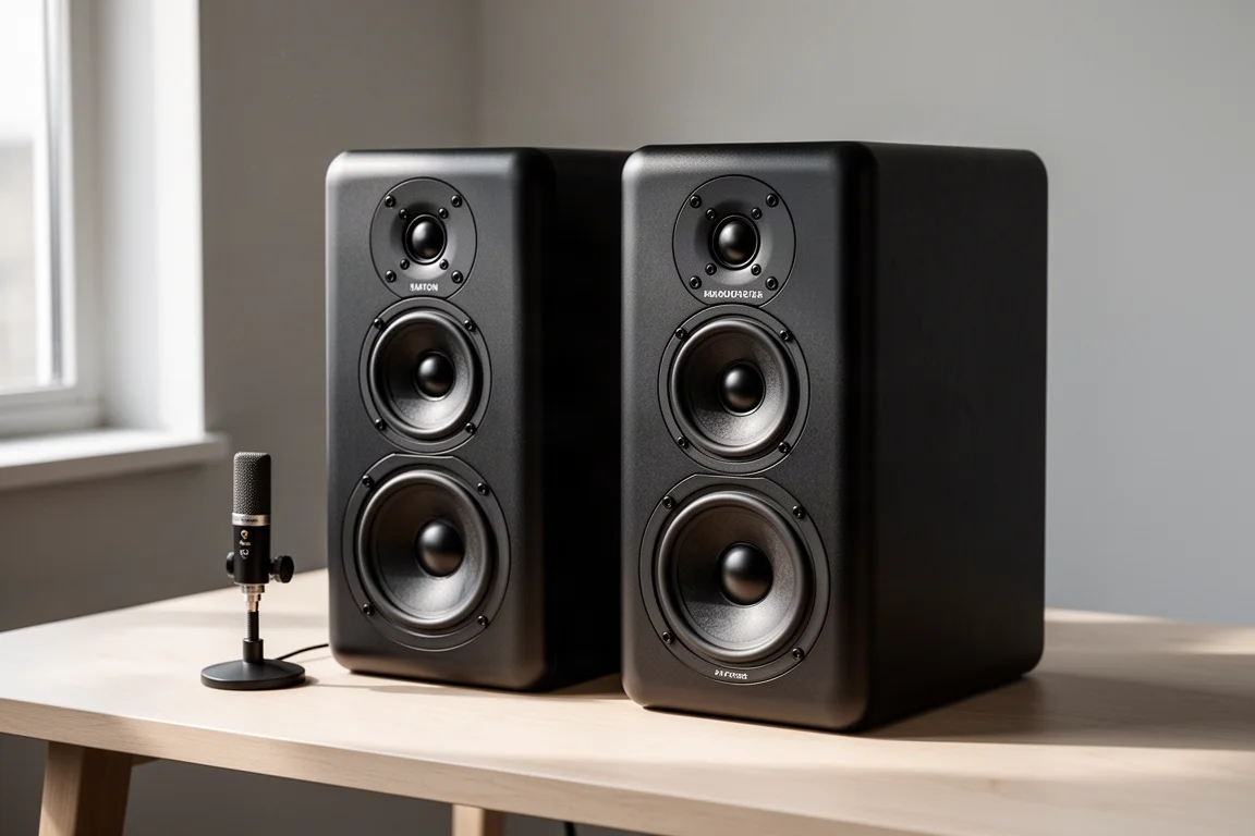 Two compact black powered studio monitors on a pale wood desk with a small measurement microphone