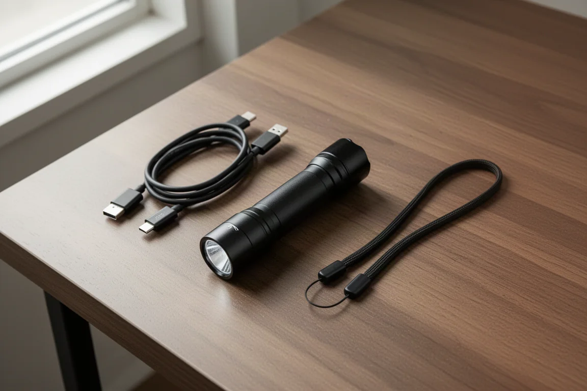 Kompakte schwarze Taschenlampe auf einem Holztisch mit USB-C-Kabel und Handschlaufe daneben