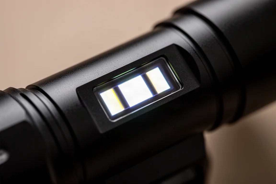 Nahaufnahme eines kleinen OLED-Displays am Taschenlampengehäuse mit Helligkeitsinformationen