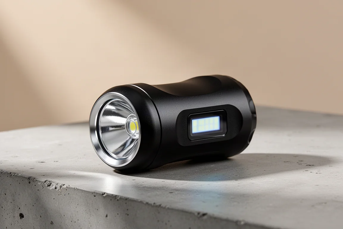 Imalent BL50 kompakte schwarze Taschenlampe mit OLED-Display auf Betonoberfläche