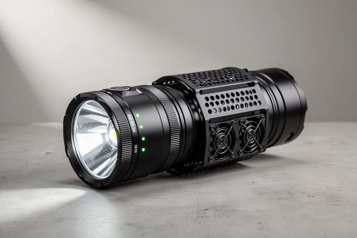 Imalent MS-08 flashlight with heat shield and cooling fans on concrete surface