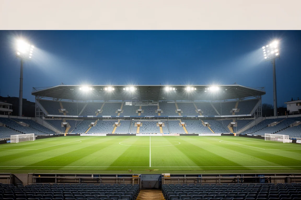 Projecteurs de stade de football illuminant un terrain vide la nuit
