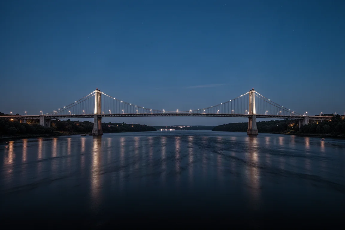 Pont suspendu illuminé enjambant une rivière sombre la nuit