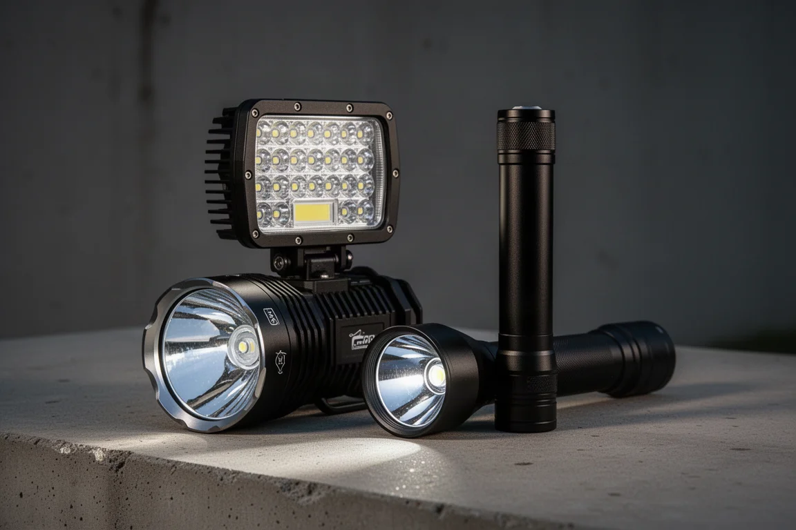 Imalent MS18 and Nitecore P35i flashlights side by side on concrete