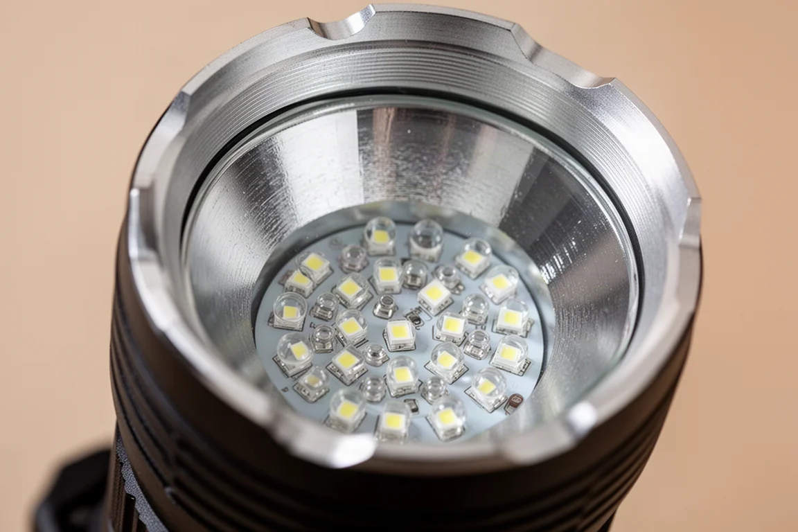 Close-up da cabeça de uma lanterna mostrando o refletor liso grande e a matriz de LEDs