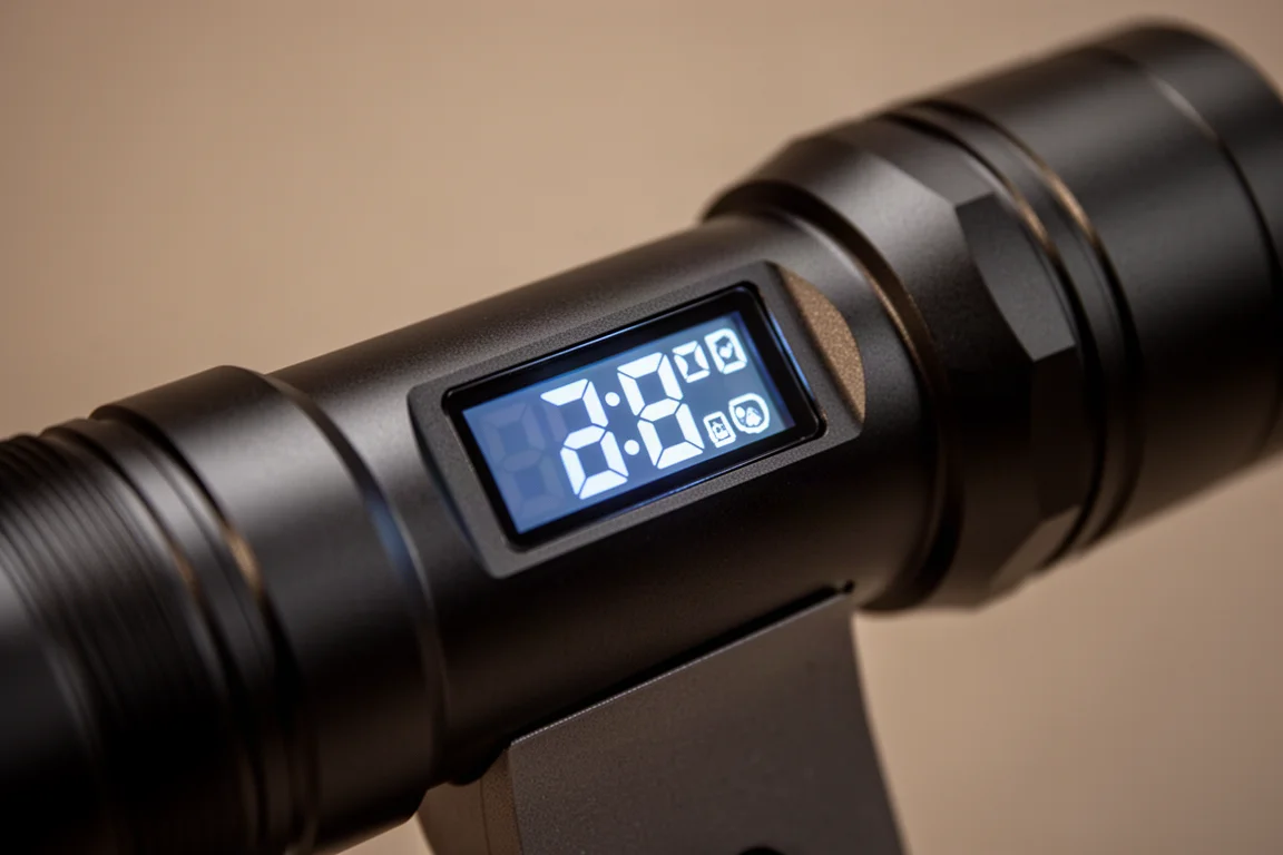Display OLED no corpo de uma lanterna mostrando nível de brilho e ícones de status