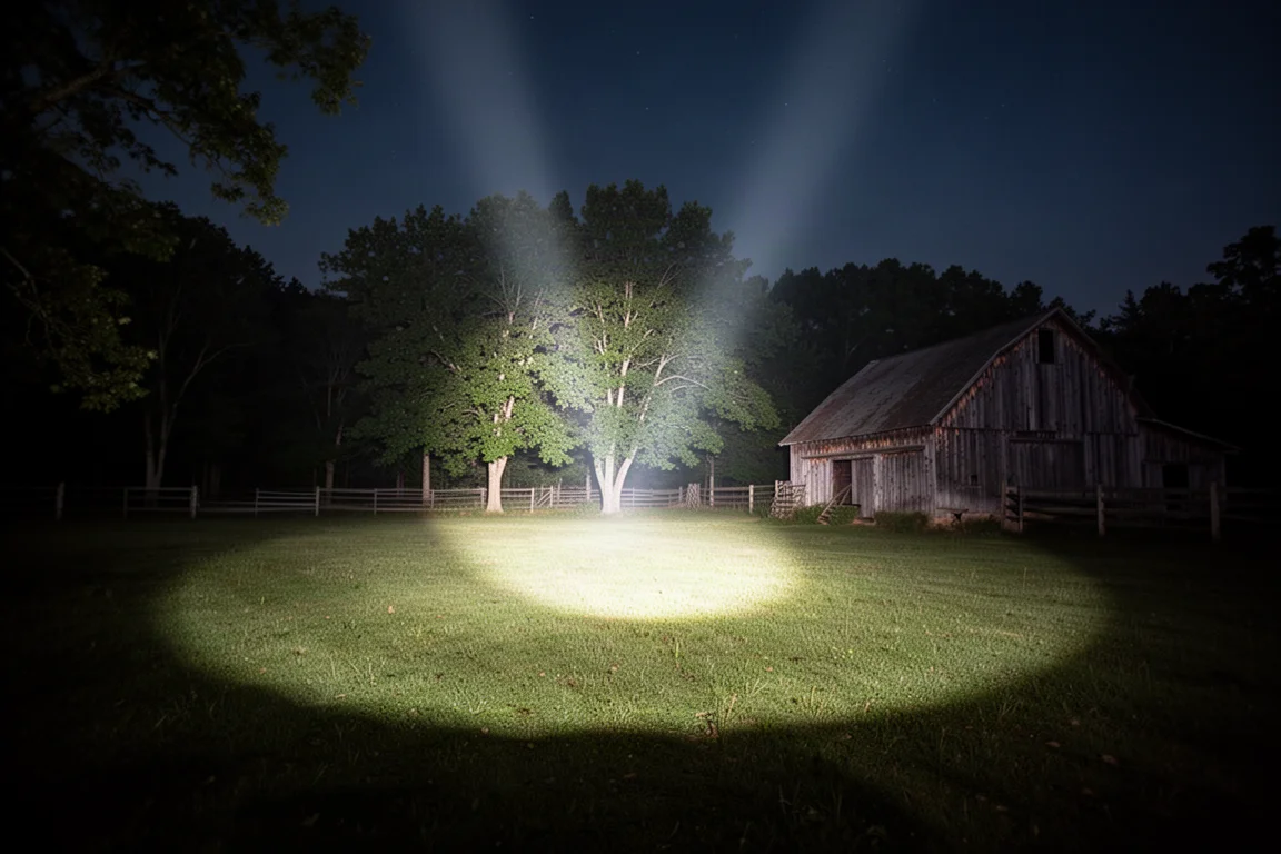 Feixe poderoso de lanterna iluminando árvores em um campo escuro à noite