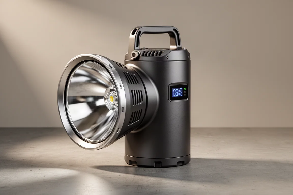 Large aluminum searchlight flashlight with handle and OLED display on concrete