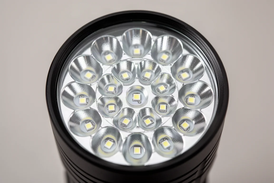 Nahaufnahme eines Taschenlampenkopfes mit sechzehn Reflektoren und LED-Array