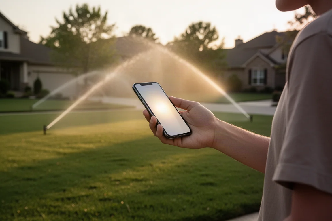 Persoon controleert een beregeningsapp op een telefoon terwijl hij over het gazon loopt