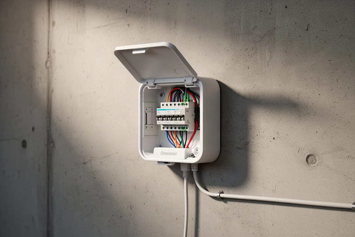 IMLaza smart sprinkler controller mounted on a garage wall with wiring visible