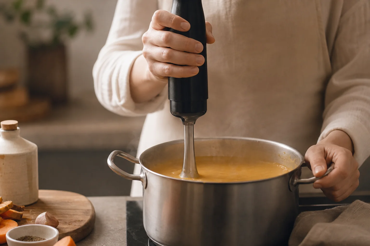 Hände halten einen Stabmixer in einem Topf mit heißer Suppe, aus dem Dampf aufsteigt