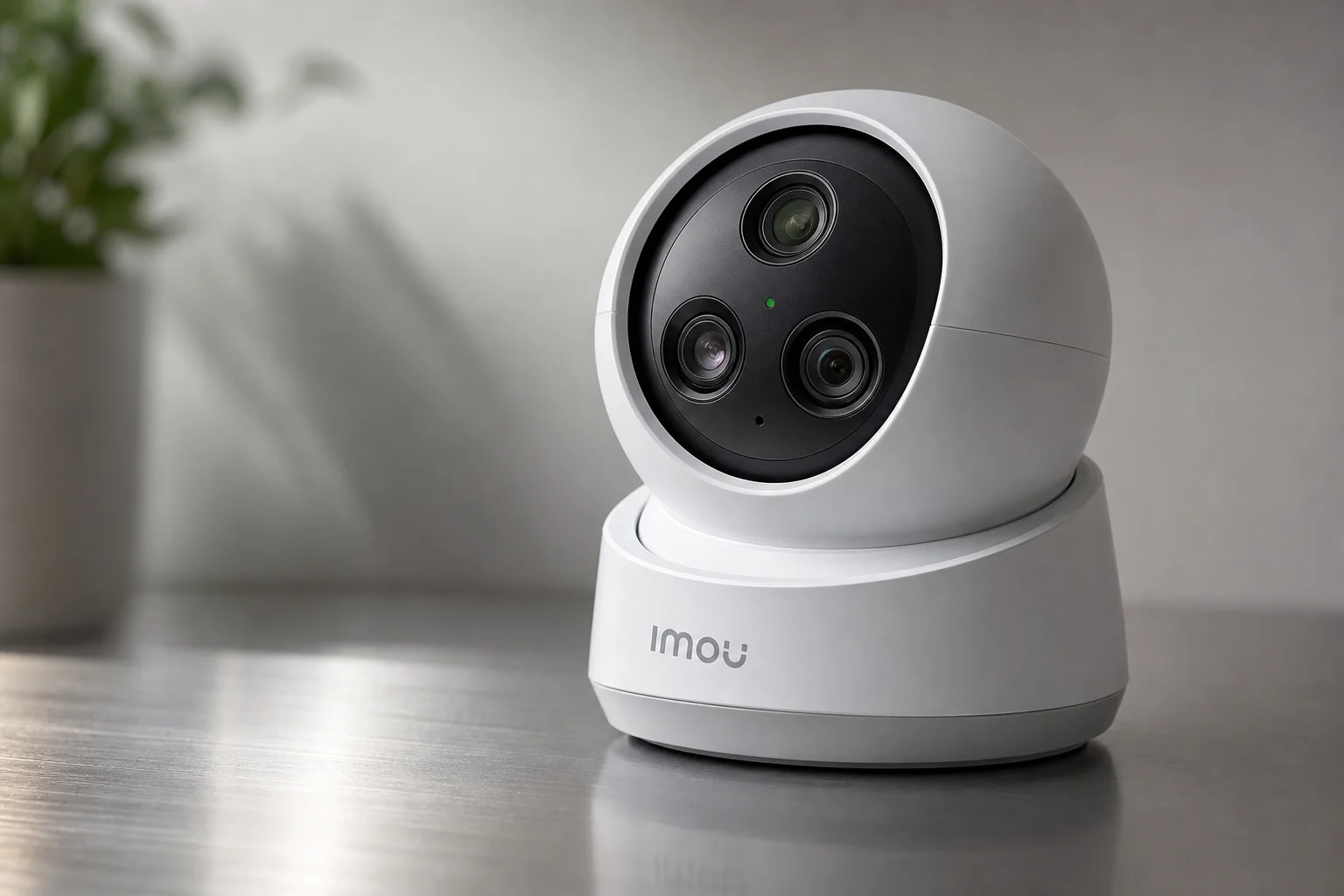 Quatre produits de sécurité disposés sur du béton : caméra double objectif Ezviz, switch D-Link, NVR Hikvision et caméra Imou