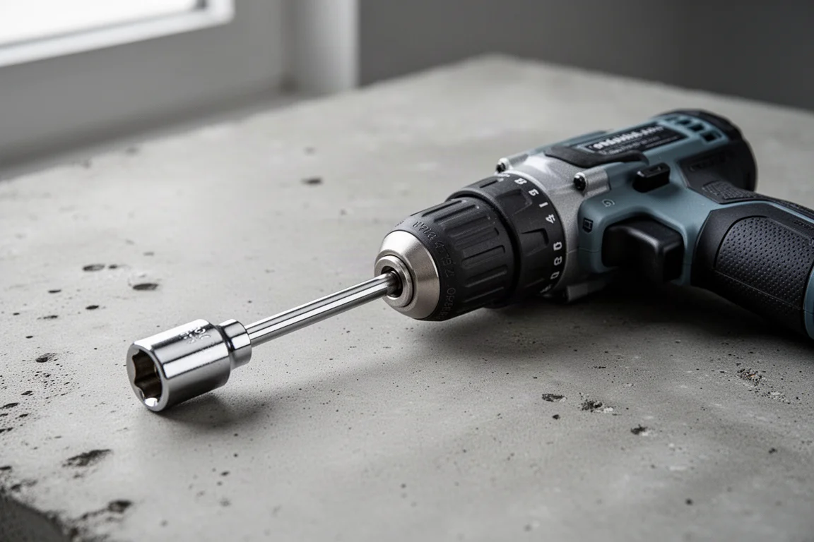 Akkuschrauber mit Nussadapter, gezeigte Gesamtlänge neben einem Zollstock
