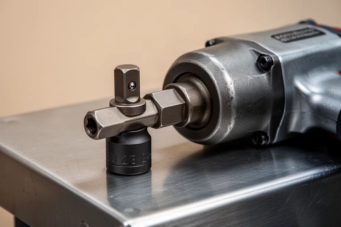 Halbzoll-Impact-Schraubenschlüssel mit kompaktem Adapter, aufgesetzt auf eine 3/8-Zoll-Nuss