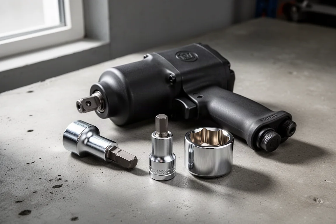 Impact wrench, impact adapter and chrome socket arranged on a concrete workshop surface