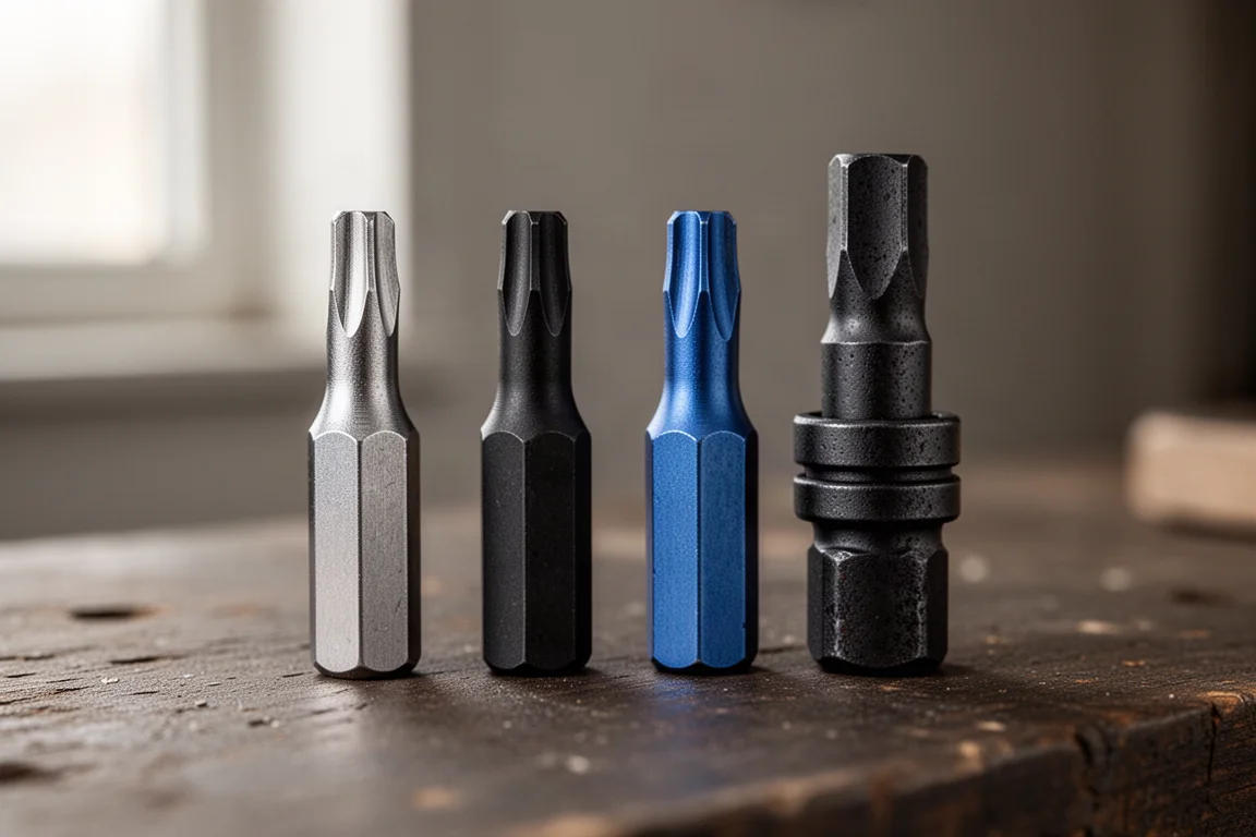 Row of quarter-inch hex impact bits lined up on a dark workbench