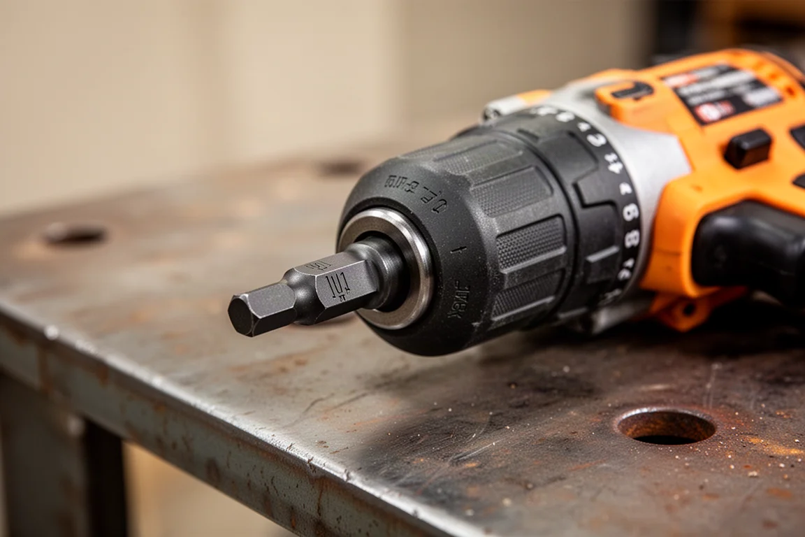Impact driver bit seated in a driver chuck under workshop lighting