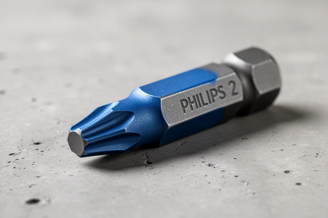 Blue-coated Phillips impact bit tip in sharp close-up detail