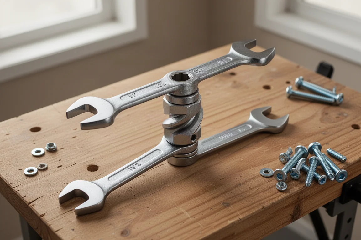 Hands using two wrenches to demonstrate a torsion camming mechanism