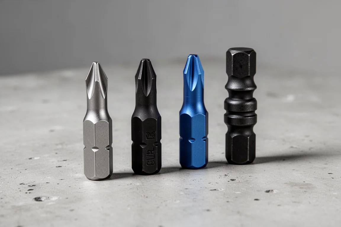 Four impact driver bits lined up on a concrete surface