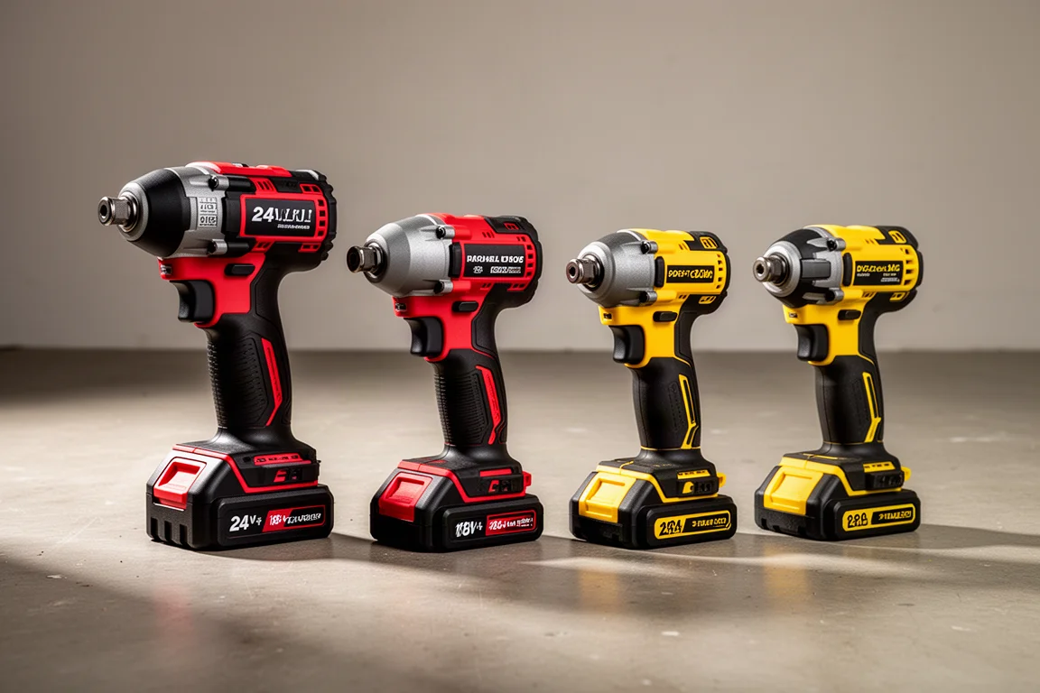 Five cordless impact drivers lined up on a concrete workshop floor