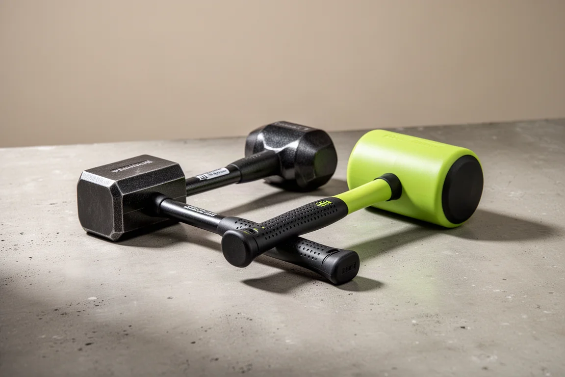 Two dead blow hammers, one square headed and one lime green, on a concrete workshop surface