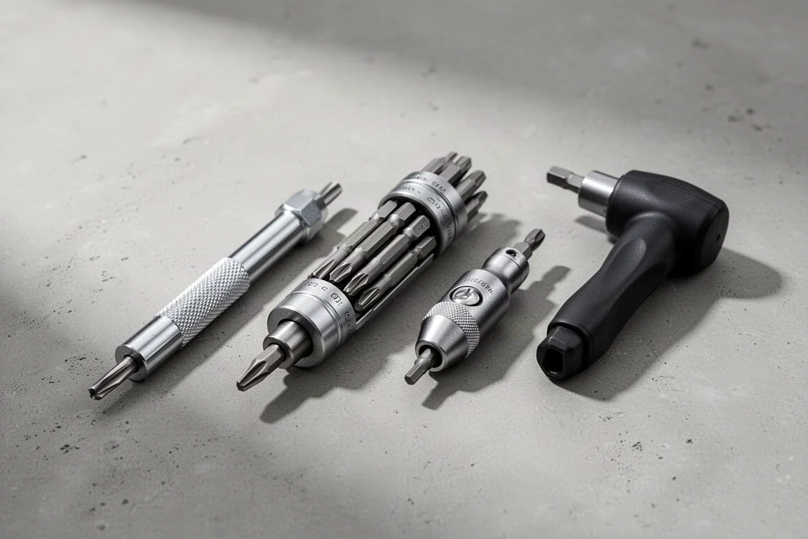 Four hand tools including conduit reamers and bit drivers arranged on concrete