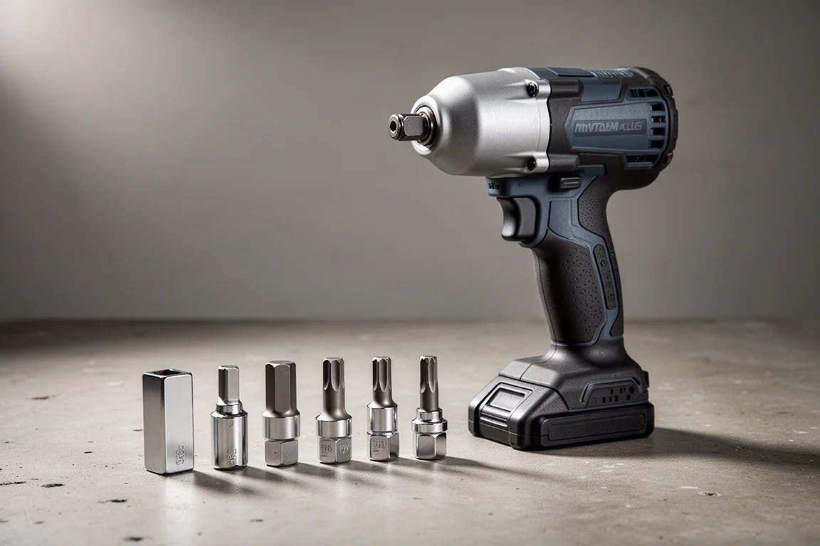Cordless impact wrench and drive adapters on a concrete workshop surface