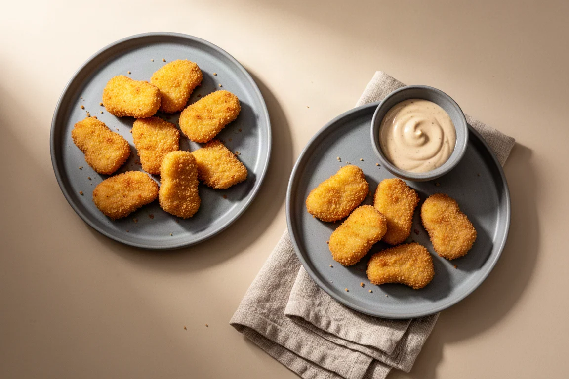 Golden breaded nuggets arranged on a ceramic plate with a small dipping bowl