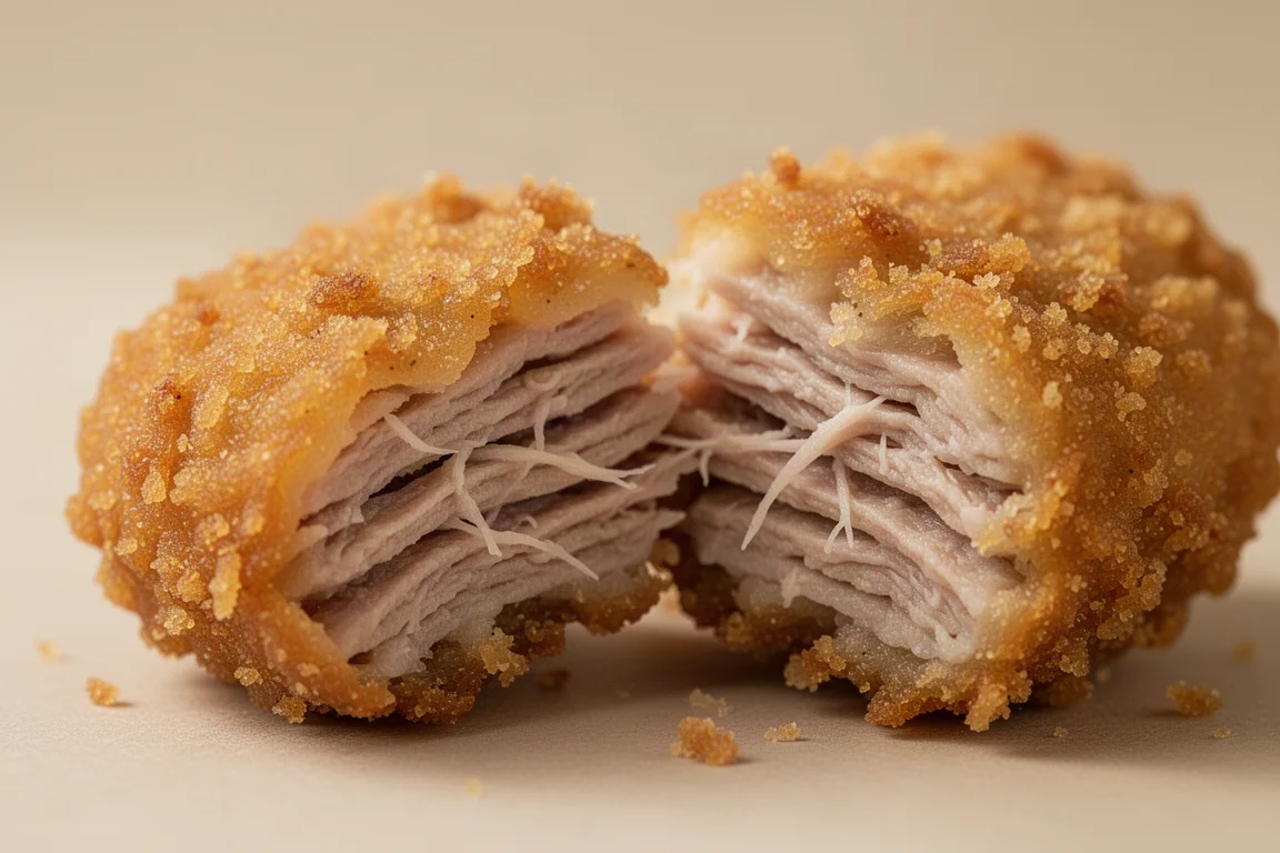 Close-up of a nugget broken in half showing a fibrous plant-based interior