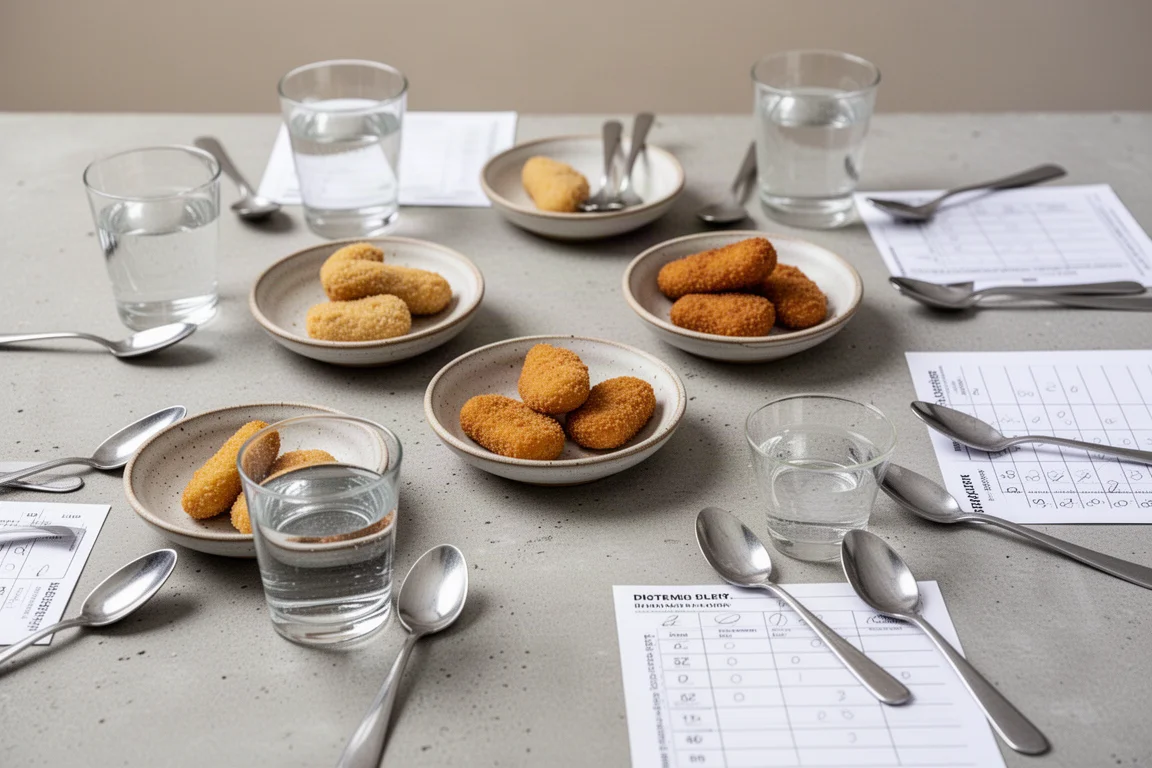 Tasting panel setup with several nugget varieties in labeled tasting bowls