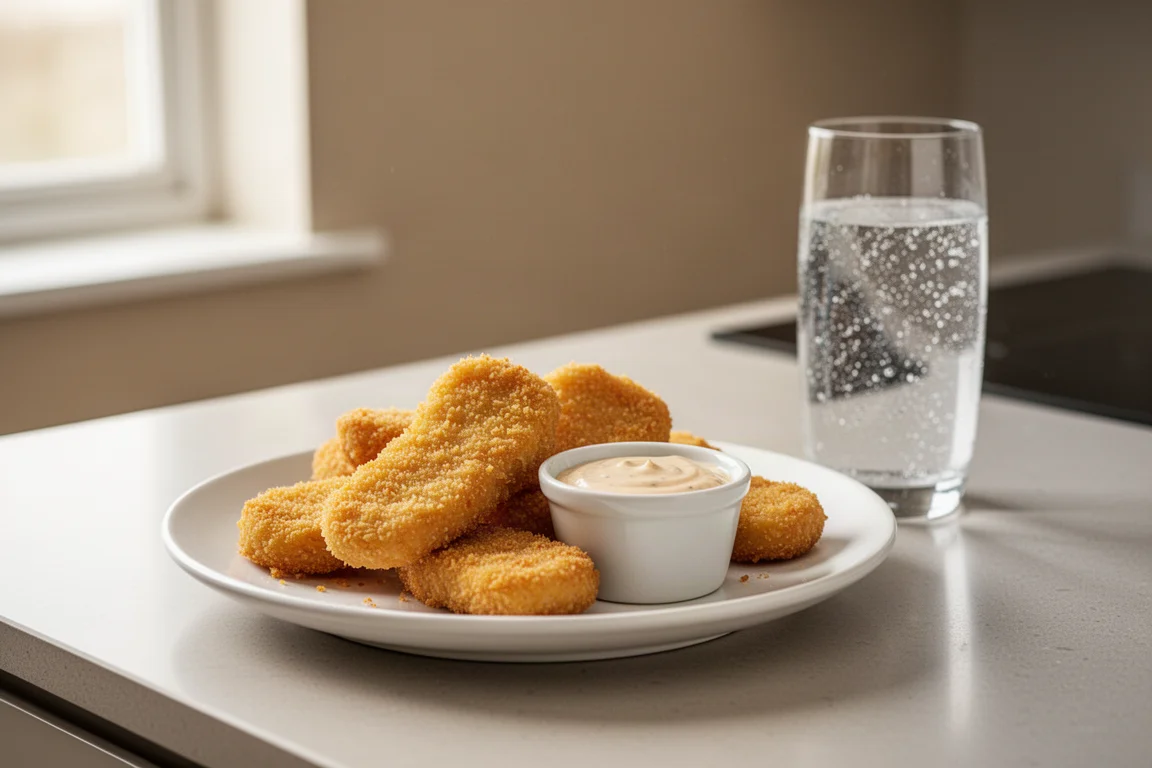 Crispy nuggets plated with dipping sauce on a kitchen counter at mealtime