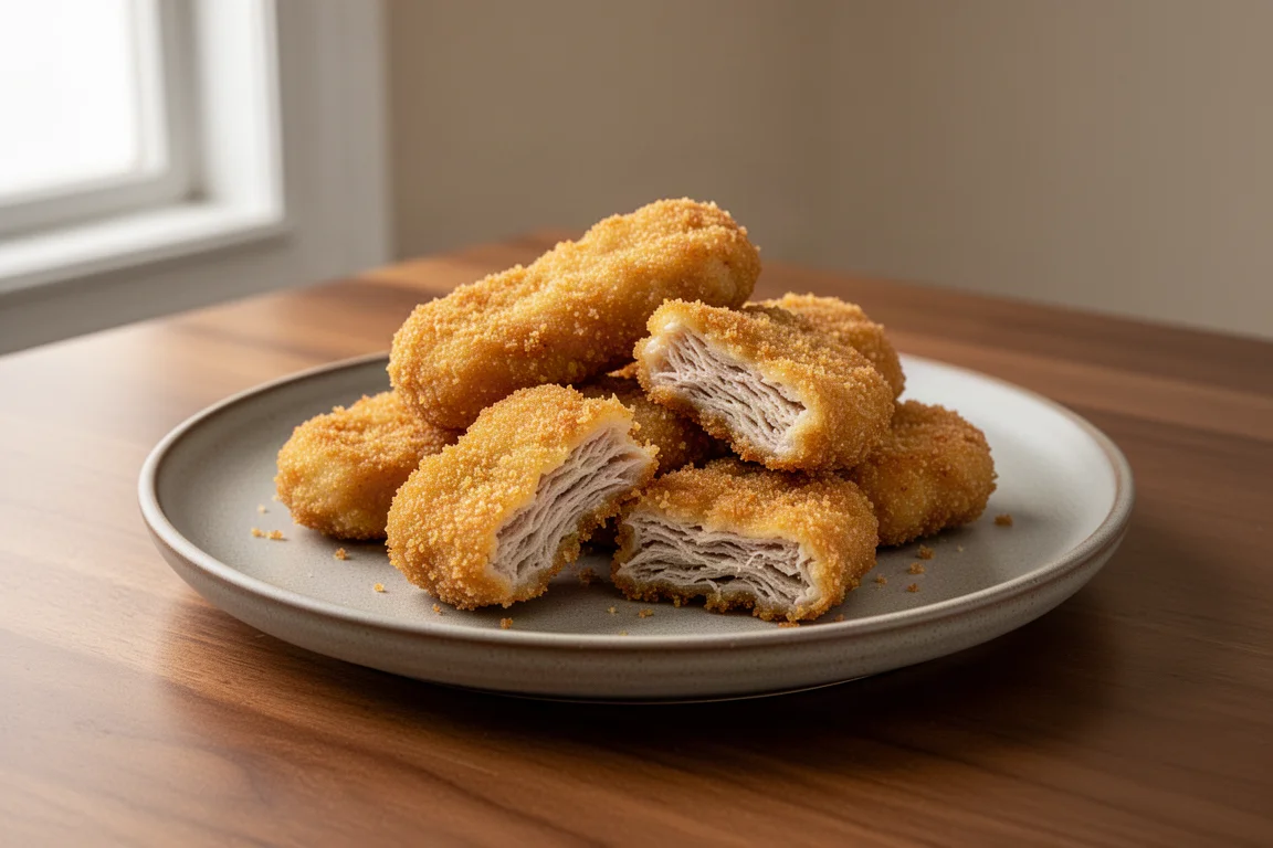 Golden breaded plant-based nuggets on a ceramic plate with a fibrous interior visible