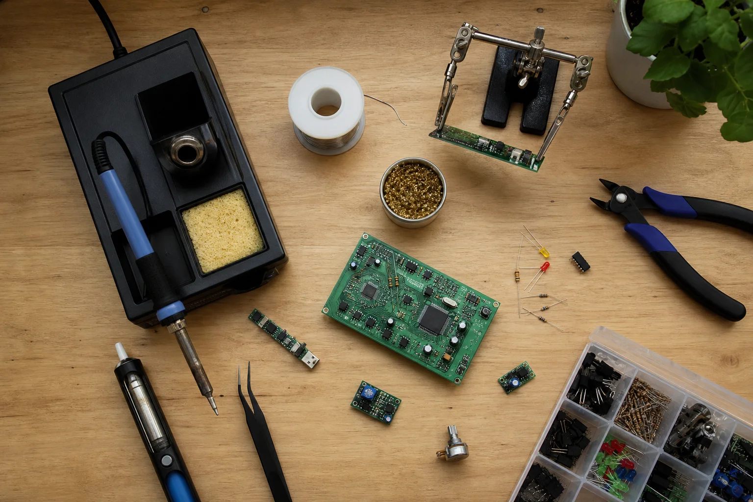 工作檯上擺放著烙鐵與電子零件的焊接工作站