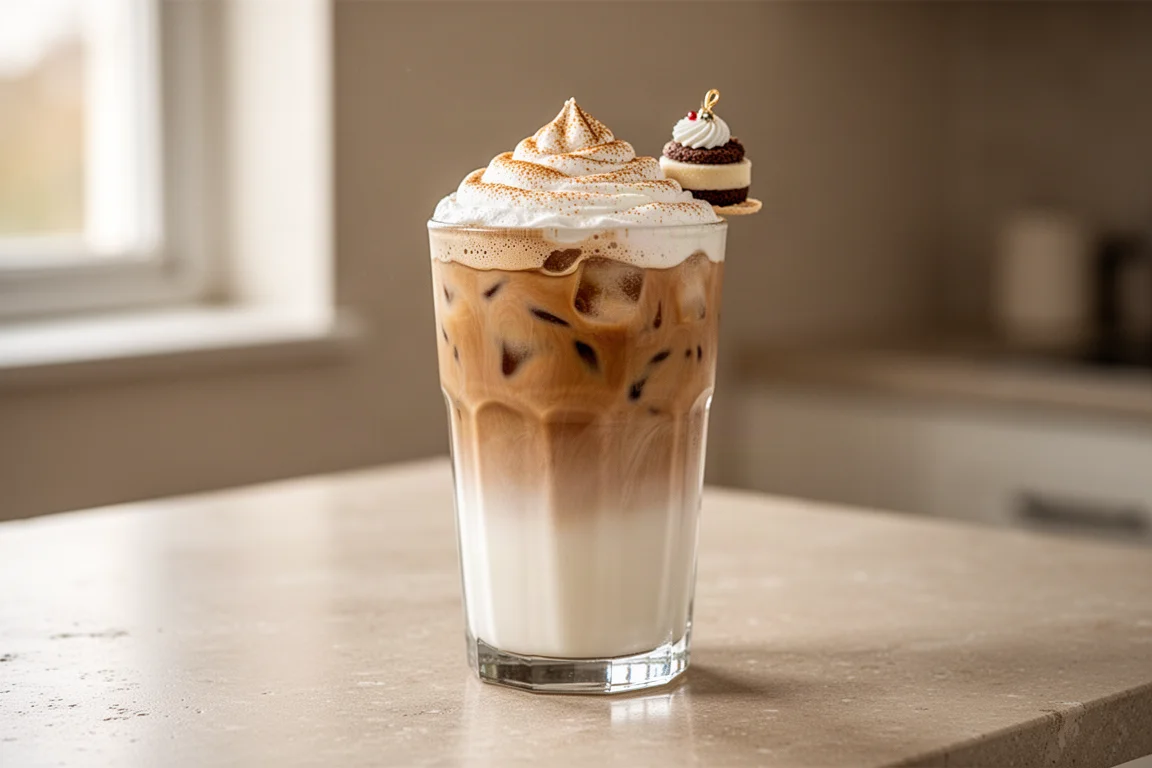 Bicchiere alto di tiramisù latte freddo a strati sormontato da schiuma di caffè montata