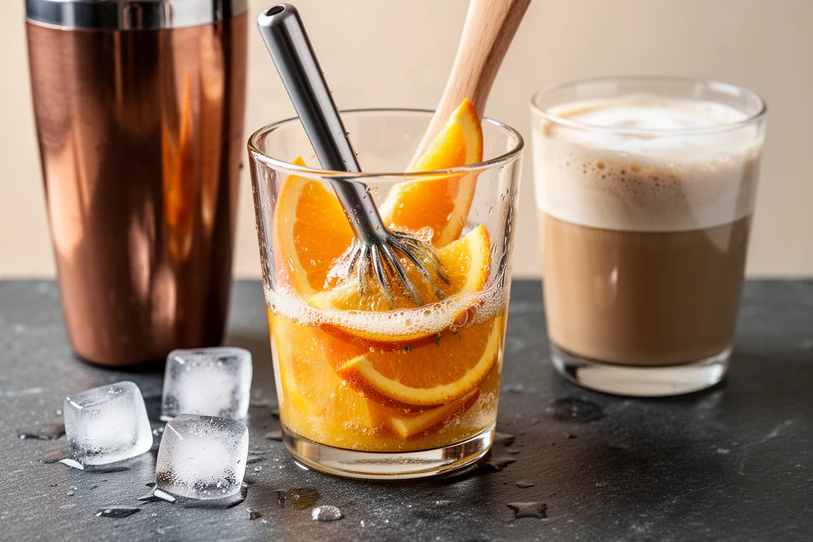Fette d'arancia schiacciate in uno shaker di vetro per una ricetta di coffee cola
