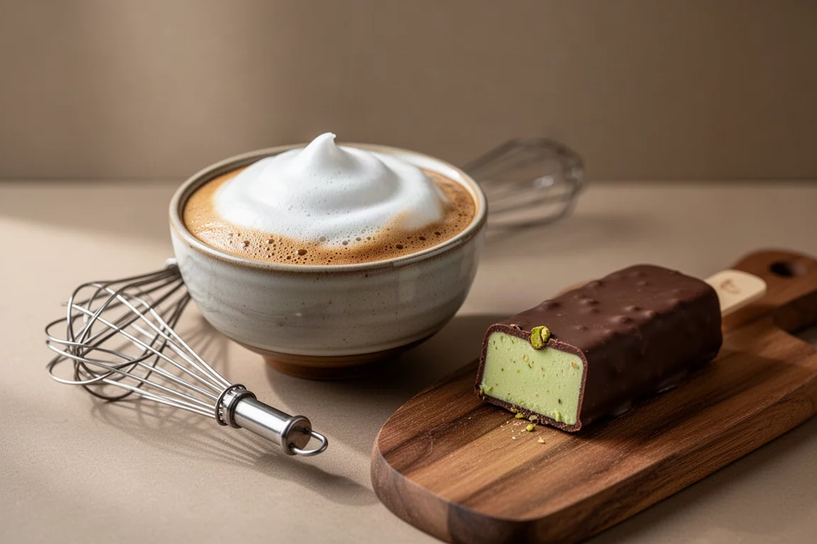 Schiuma di caffè montata in una tazza accanto a un ghiacciolo al cioccolato