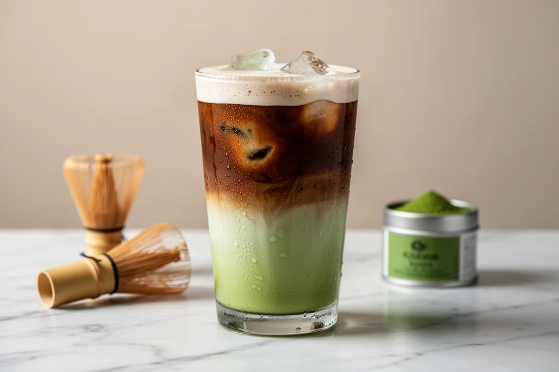 Dirty matcha latte a strati in un bicchiere con livelli verde e marrone