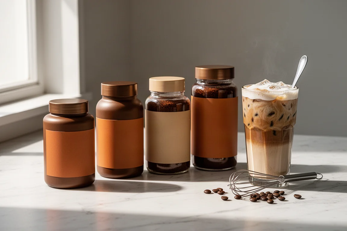 Cinque barattoli di caffè istantaneo accanto a un caffè freddo a strati su un piano in marmo