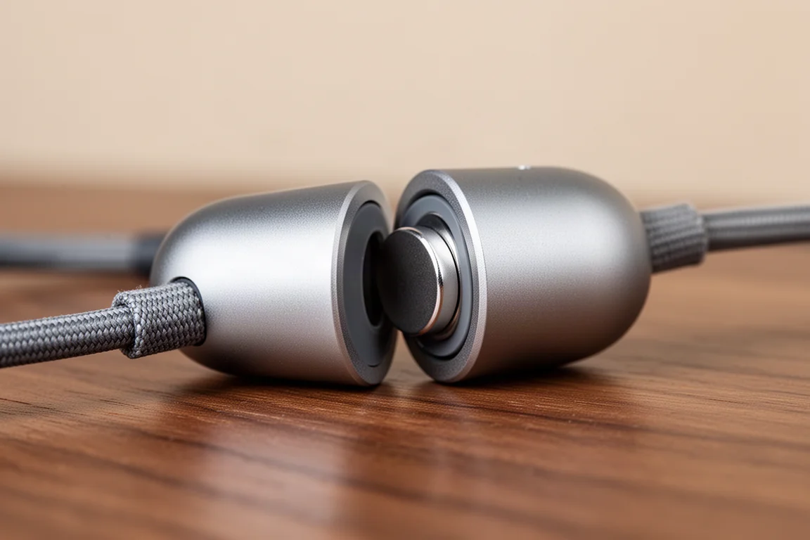 Kompaktes Schlüsselbundkabel auseinandergezogen, magnetischer Verschluss sichtbar