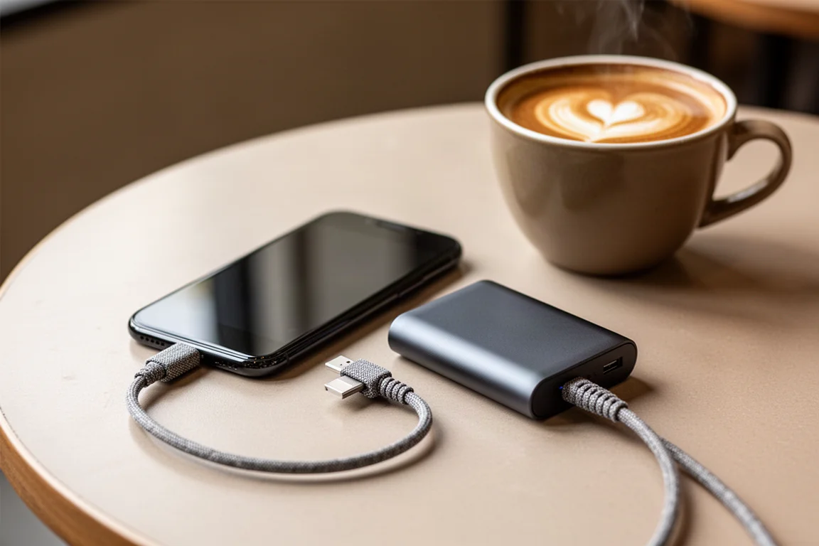 Powerbank lädt ein Telefon über ein kurzes Adapterkabel